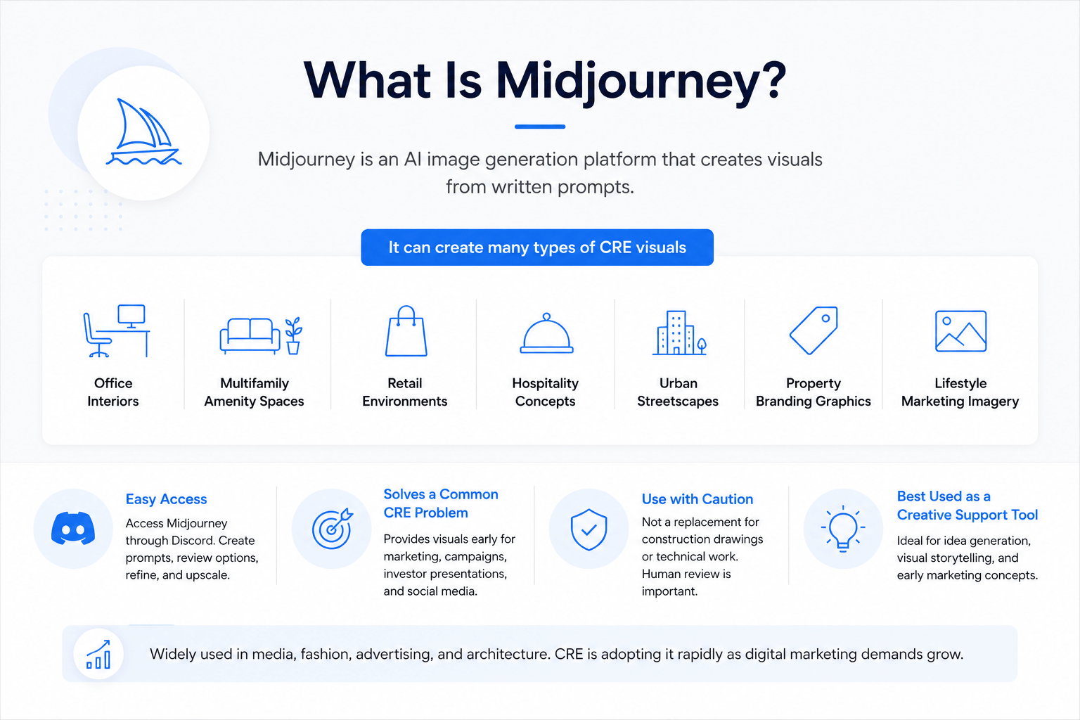 Modern blue and white infographic titled “What Is Midjourney?” showing AI-generated real estate marketing visuals, CRE use cases, workflow benefits, and creative support features.