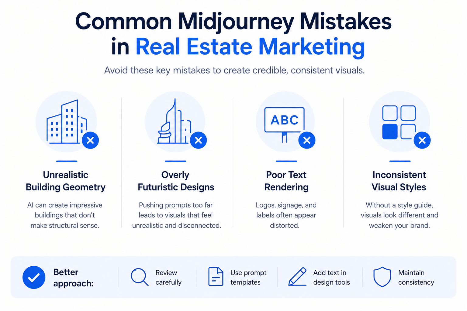 Clean blue and white infographic showing common Midjourney mistakes in real estate marketing, including unrealistic building geometry, poor text rendering, futuristic designs, and inconsistent visual styles.