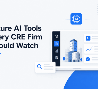 Modern minimalist illustration of AI tools for commercial real estate firms featuring a laptop dashboard, office building graphics, analytics icons, and blue SaaS-style UI elements on a light background.