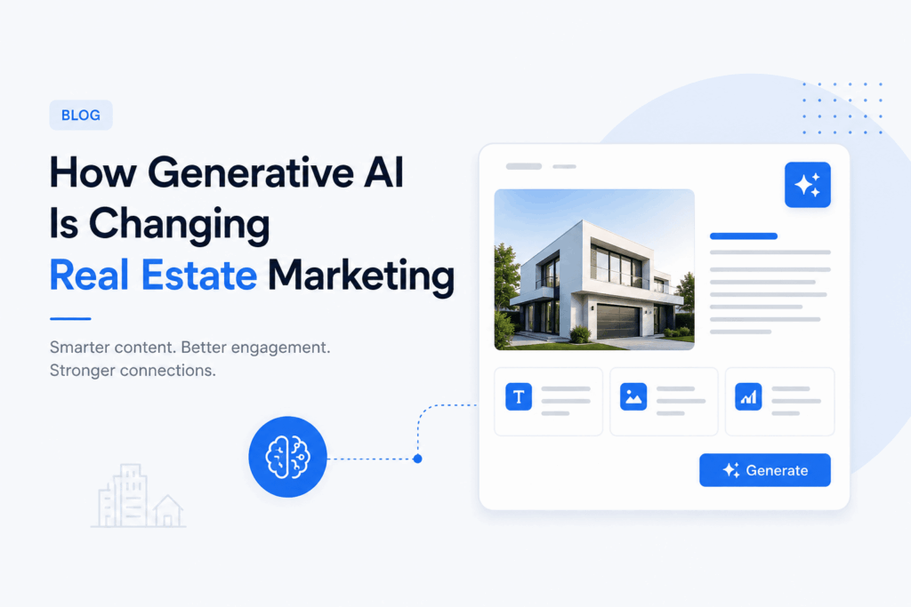 Minimalist feature image showing how generative AI is transforming real estate marketing with AI-powered property content, analytics, and digital marketing automation.