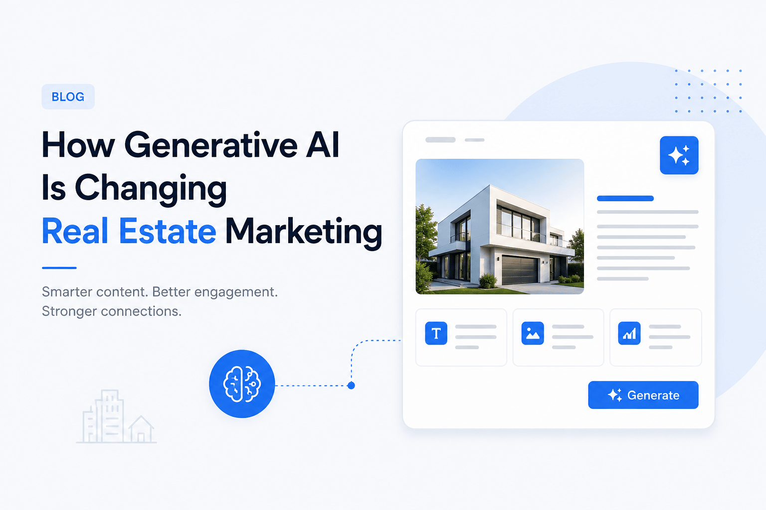 Minimalist feature image showing how generative AI is transforming real estate marketing with AI-powered property content, analytics, and digital marketing automation.