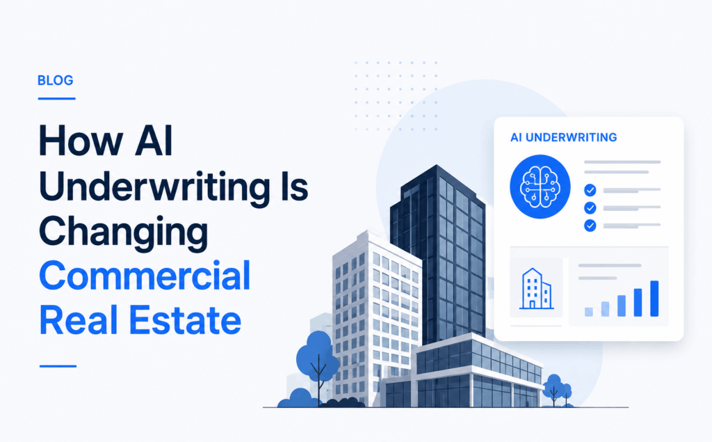 Minimalist commercial real estate illustration featuring AI underwriting dashboard elements, modern office buildings, analytics charts, and blue SaaS-style interface graphics on a light background.