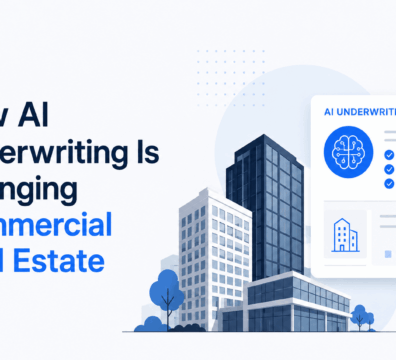Minimalist commercial real estate illustration featuring AI underwriting dashboard elements, modern office buildings, analytics charts, and blue SaaS-style interface graphics on a light background.