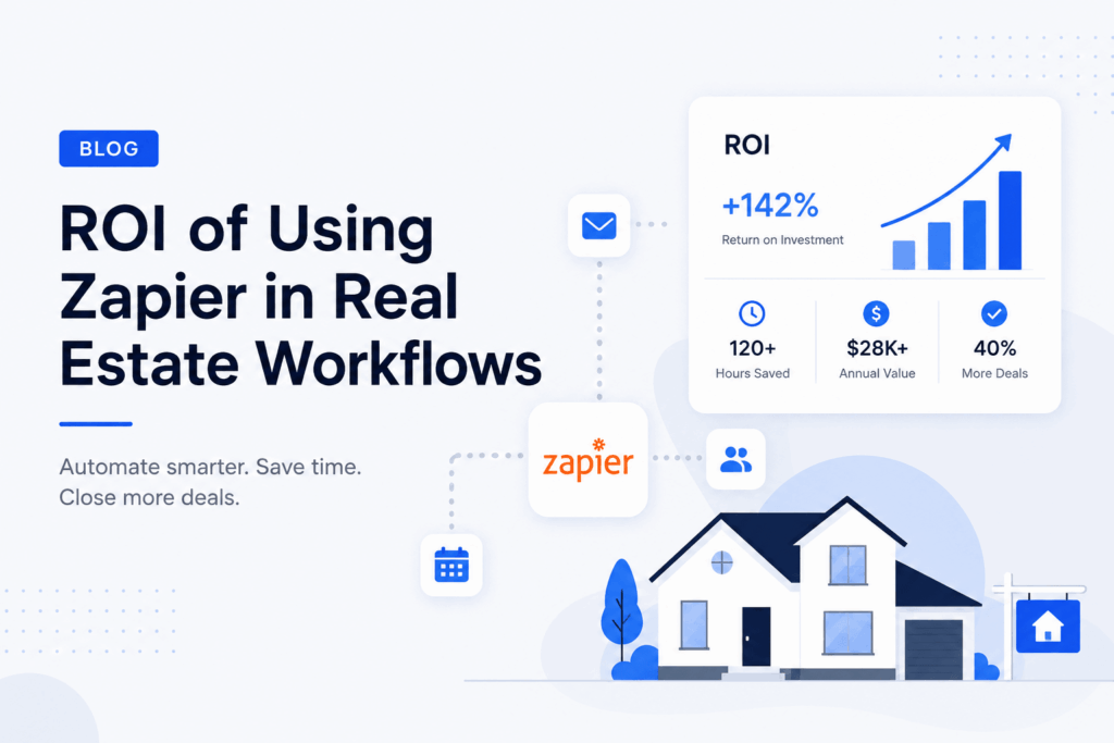 Minimalist real estate workflow automation illustration showing Zapier integrations, ROI analytics dashboard, and property management visuals in a modern blue and white SaaS-style design.