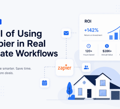 Minimalist real estate workflow automation illustration showing Zapier integrations, ROI analytics dashboard, and property management visuals in a modern blue and white SaaS-style design.