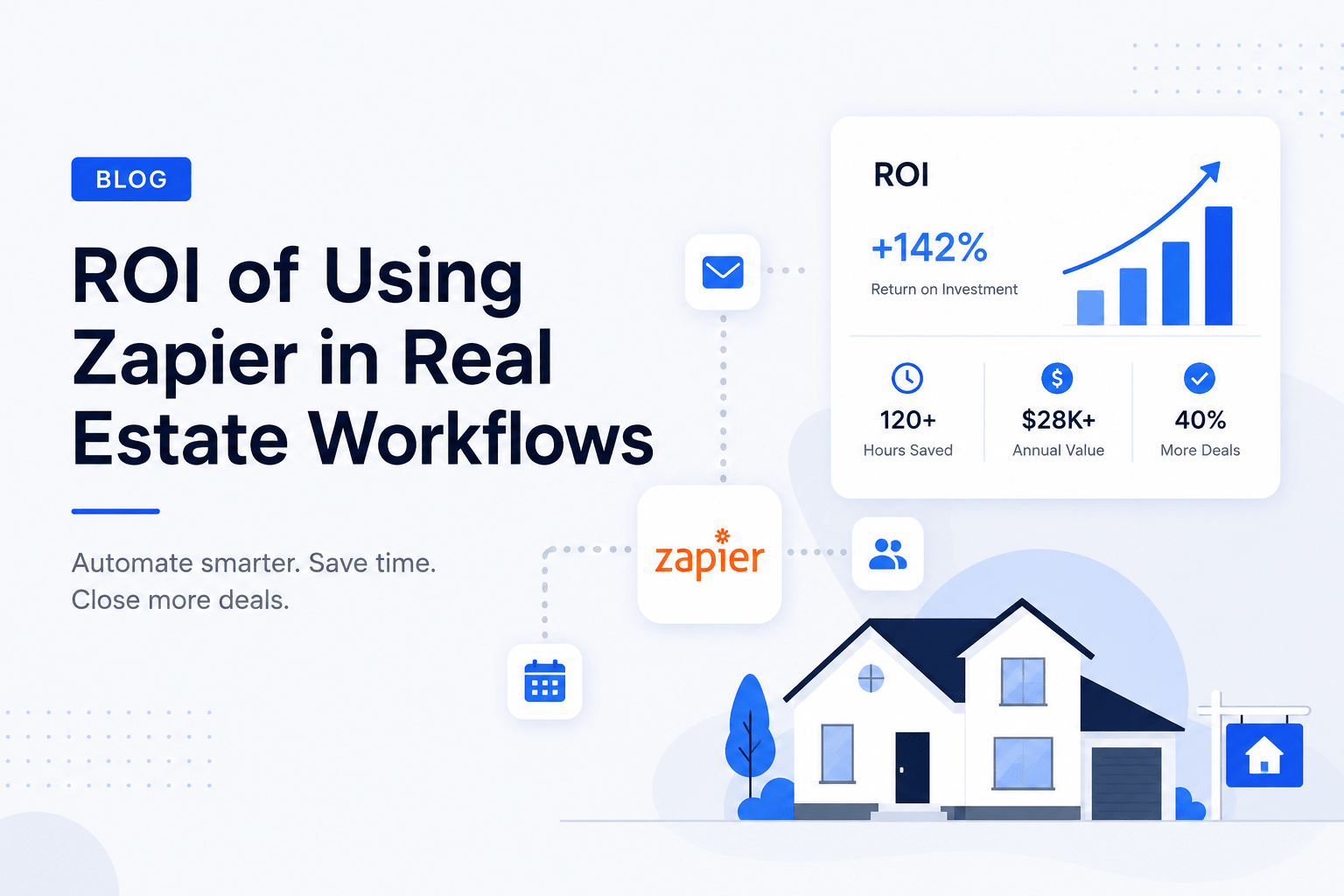Minimalist real estate workflow automation illustration showing Zapier integrations, ROI analytics dashboard, and property management visuals in a modern blue and white SaaS-style design.