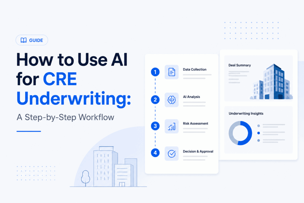 Minimalist feature image showing an AI-powered CRE underwriting workflow with step-by-step process cards, analytics visuals, and commercial real estate dashboard elements in a clean blue and white SaaS-style layout.