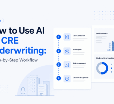 Minimalist feature image showing an AI-powered CRE underwriting workflow with step-by-step process cards, analytics visuals, and commercial real estate dashboard elements in a clean blue and white SaaS-style layout.