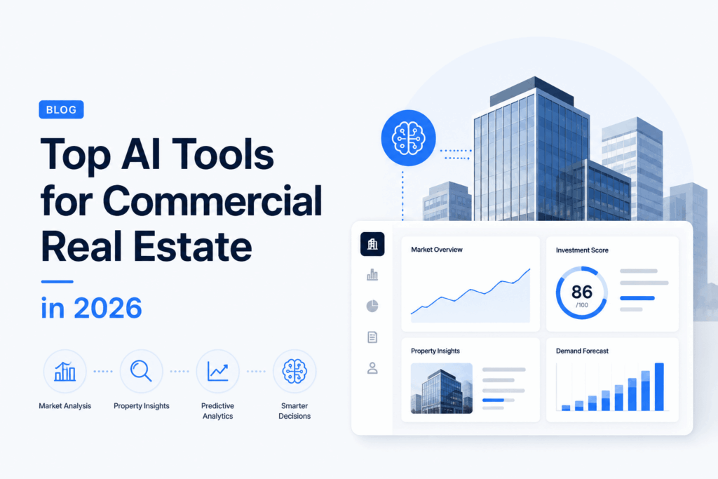 Modern commercial real estate AI dashboard illustration with analytics charts, property insights, market forecasting, and smart building visuals on a light minimalist background.
