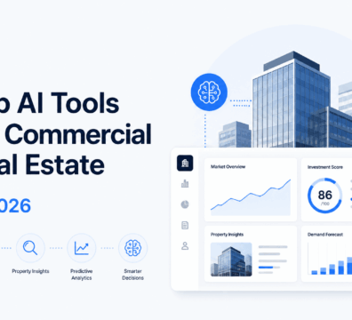 Modern commercial real estate AI dashboard illustration with analytics charts, property insights, market forecasting, and smart building visuals on a light minimalist background.
