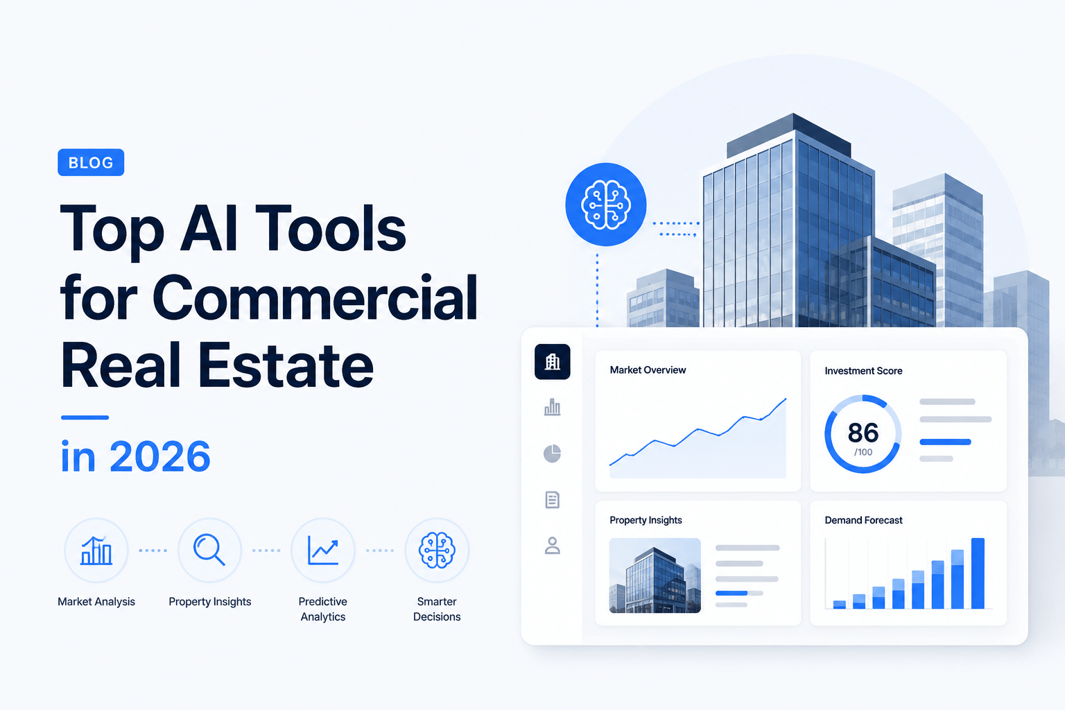 Modern commercial real estate AI dashboard illustration with analytics charts, property insights, market forecasting, and smart building visuals on a light minimalist background.