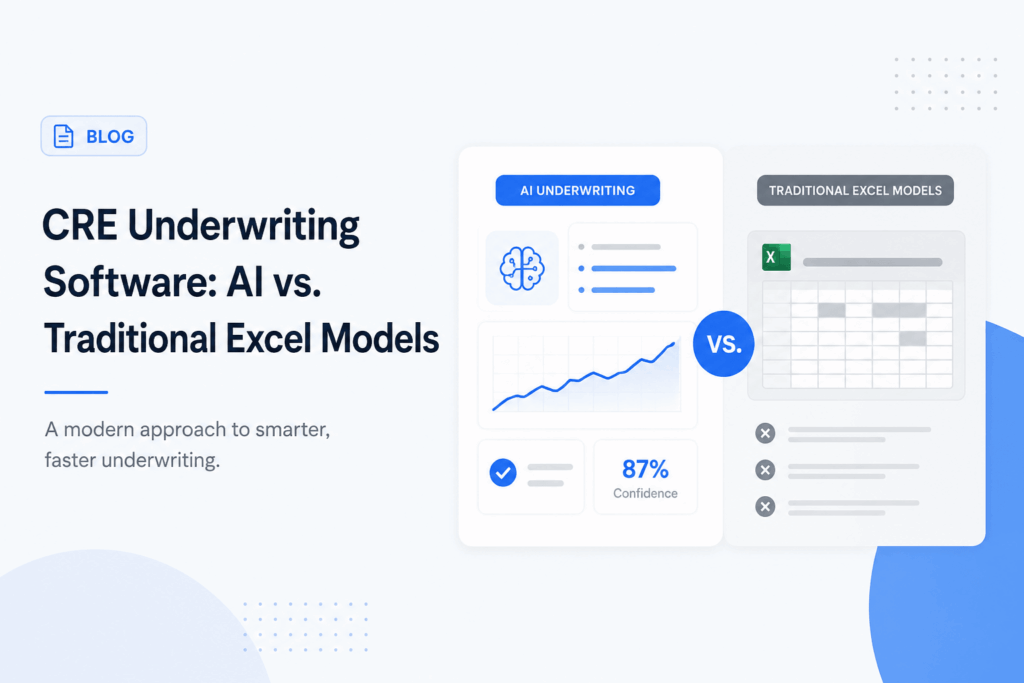 Minimalist feature image comparing AI-powered CRE underwriting software with traditional Excel models using clean dashboard visuals and blue SaaS-style design elements.
