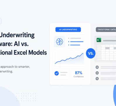 Minimalist feature image comparing AI-powered CRE underwriting software with traditional Excel models using clean dashboard visuals and blue SaaS-style design elements.