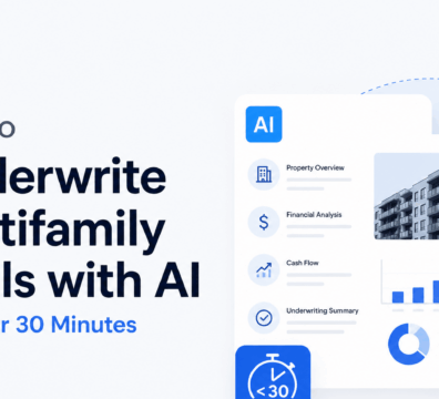 Minimalist feature image showing AI-powered multifamily deal underwriting dashboard with analytics, property data, and “Under 30 Minutes” workflow interface in modern blue SaaS style.