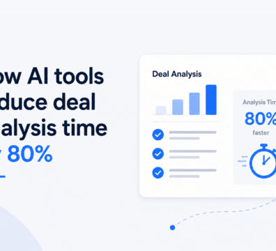 Minimalist feature image showing how AI tools reduce deal analysis time by 80%, featuring a clean analytics dashboard, performance chart, checklist icons, and a stopwatch illustration in blue and navy tones on a light background.