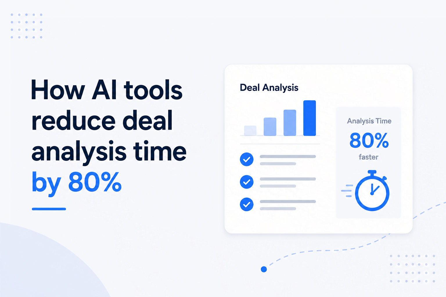 Minimalist feature image showing how AI tools reduce deal analysis time by 80%, featuring a clean analytics dashboard, performance chart, checklist icons, and a stopwatch illustration in blue and navy tones on a light background.
