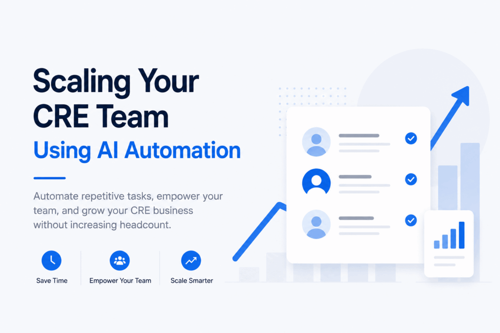 Minimalist feature image showing CRE team scaling through AI automation with clean blue and navy UI elements, growth charts, team workflow cards, and modern business visuals on a light background.