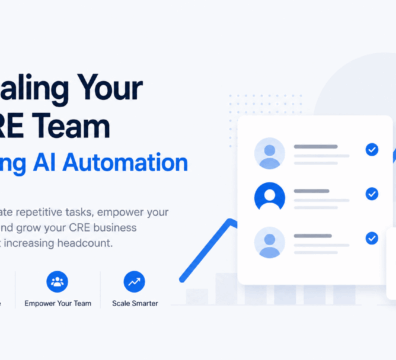 Minimalist feature image showing CRE team scaling through AI automation with clean blue and navy UI elements, growth charts, team workflow cards, and modern business visuals on a light background.