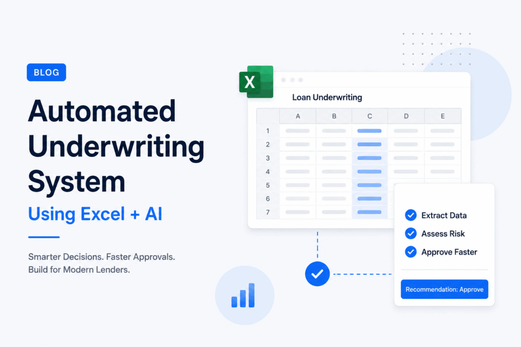 Minimalist feature image showing an automated underwriting dashboard with an Excel-style spreadsheet interface, approval workflow elements, and modern blue SaaS-style design on a light background.
