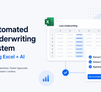 Minimalist feature image showing an automated underwriting dashboard with an Excel-style spreadsheet interface, approval workflow elements, and modern blue SaaS-style design on a light background.