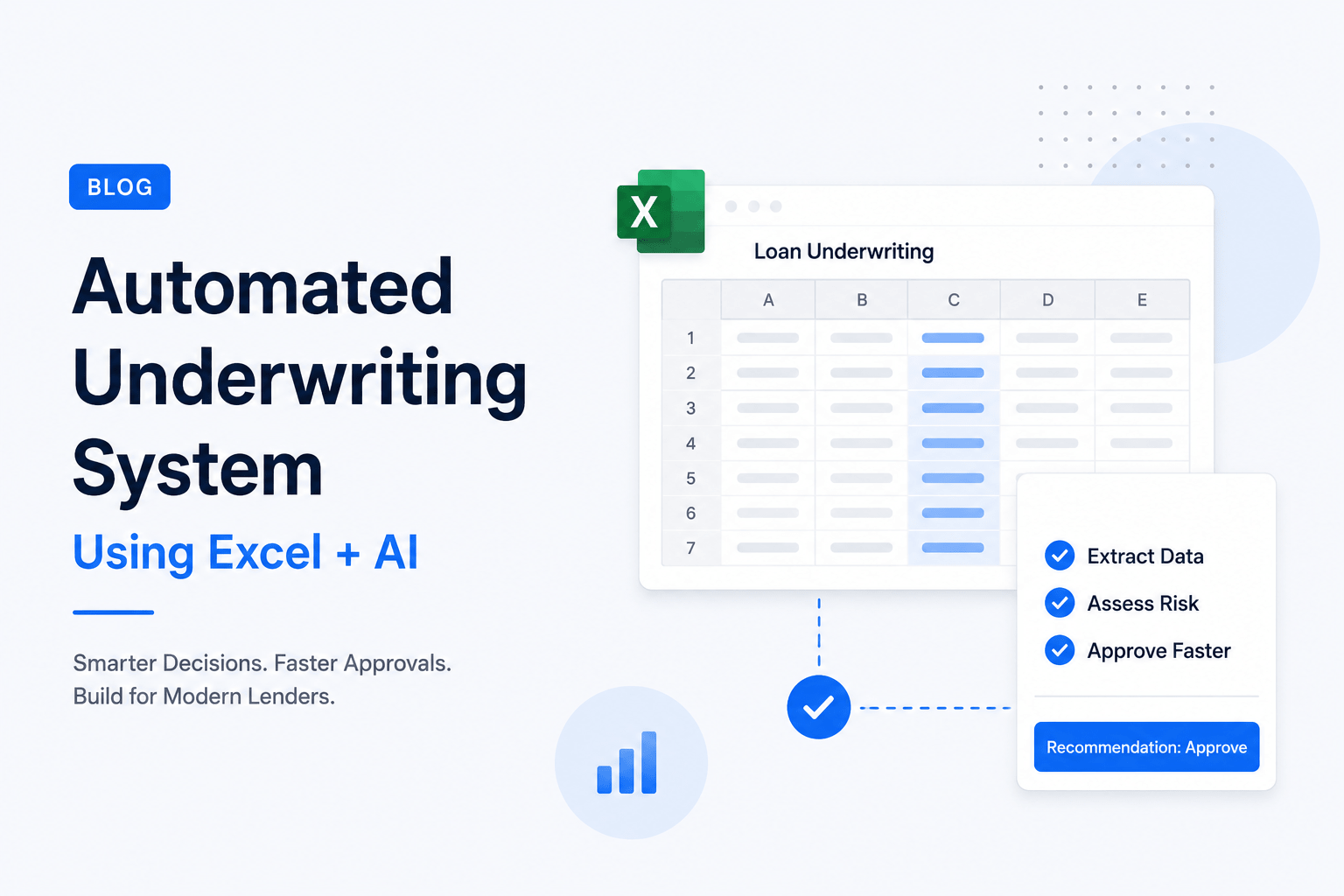 Minimalist feature image showing an automated underwriting dashboard with an Excel-style spreadsheet interface, approval workflow elements, and modern blue SaaS-style design on a light background.