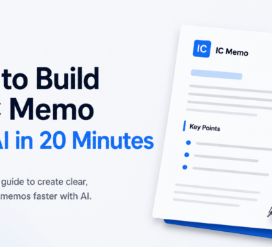 Minimalist feature image for a blog titled “How to Build an IC Memo with AI in 20 Minutes” featuring a clean white and blue layout with an IC memo document illustration and pen on a light background.