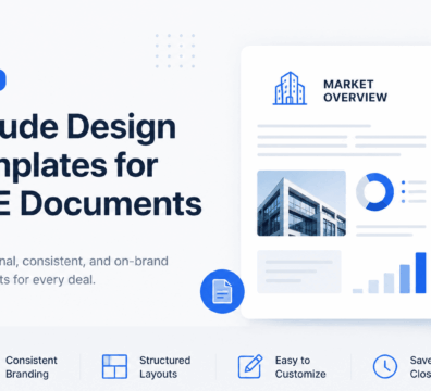 Minimalist feature image for a blog about Claude design templates for CRE documents, featuring a modern white and light-grey layout with blue accents, clean typography, document UI mockups, charts, and commercial real estate report elements.