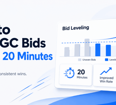 Minimalist construction bid leveling dashboard showing bid comparison charts, performance metrics, and contractor proposal analysis on a clean light background with blue and navy accents.