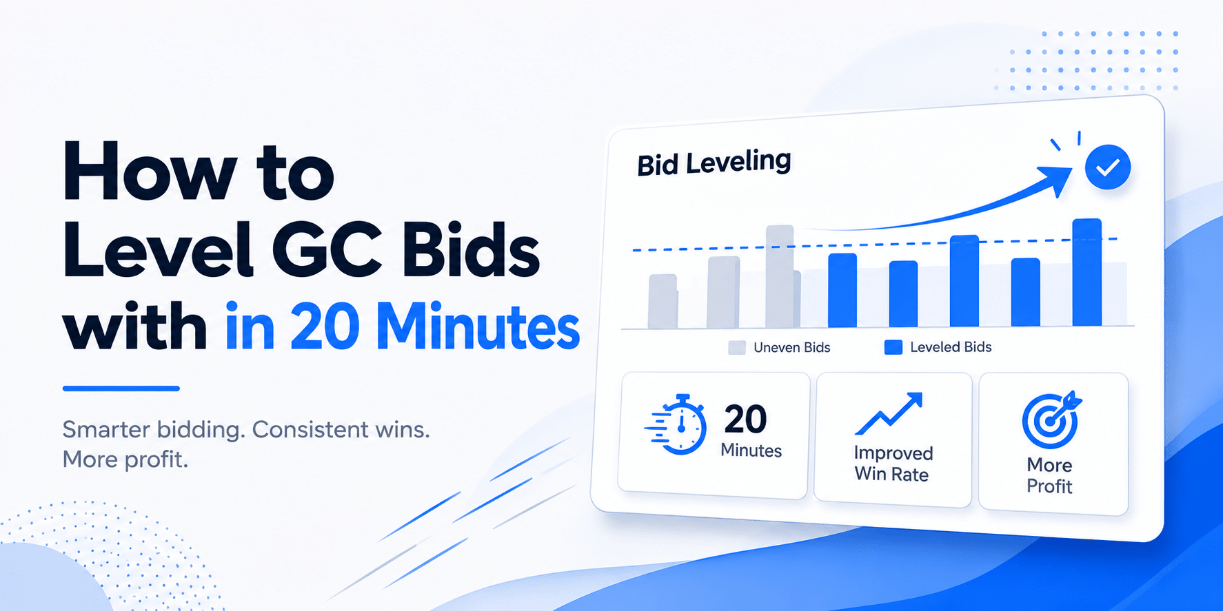 Minimalist construction bid leveling dashboard showing bid comparison charts, performance metrics, and contractor proposal analysis on a clean light background with blue and navy accents.