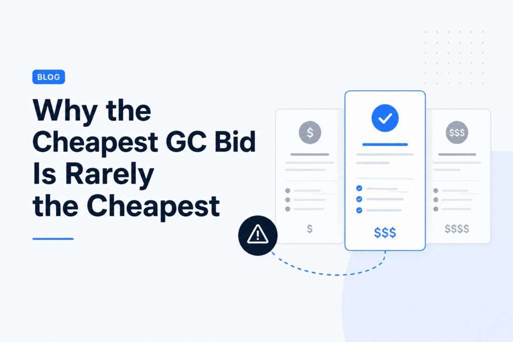 Comparison of general contractor bid proposals displayed as clean pricing cards, highlighting that the lowest bid may not provide the best overall project value. Minimalist construction procurement illustration with blue and navy SaaS-style design elements on a light background.