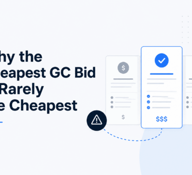 Comparison of general contractor bid proposals displayed as clean pricing cards, highlighting that the lowest bid may not provide the best overall project value. Minimalist construction procurement illustration with blue and navy SaaS-style design elements on a light background.