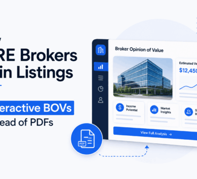 Modern commercial real estate dashboard displaying an interactive Broker Opinion of Value (BOV) with property insights, valuation data, charts, and analytics, illustrating the shift from static PDF presentations to interactive digital listing proposals.
