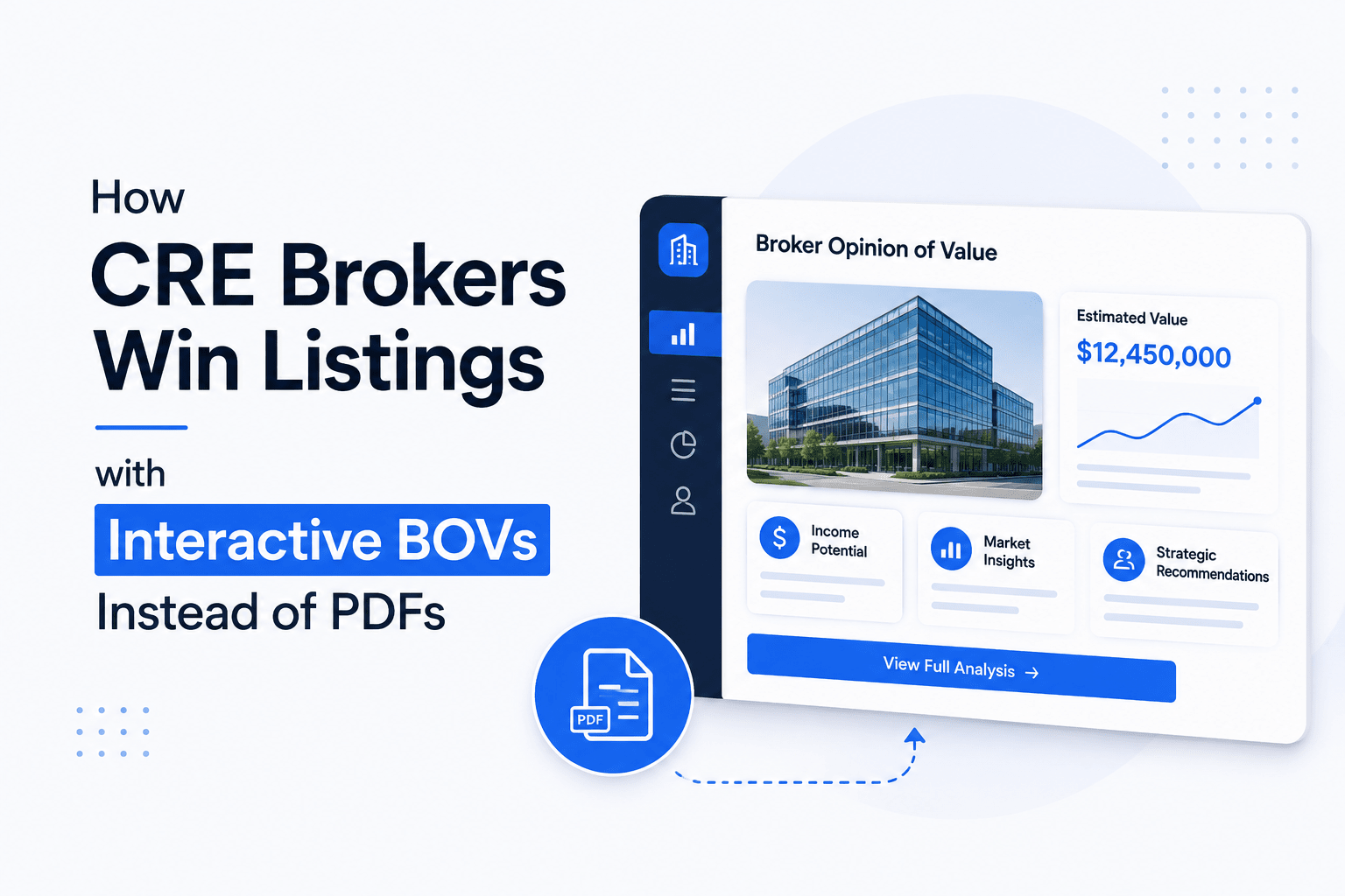 Modern commercial real estate dashboard displaying an interactive Broker Opinion of Value (BOV) with property insights, valuation data, charts, and analytics, illustrating the shift from static PDF presentations to interactive digital listing proposals.