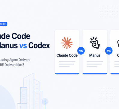 Feature image comparing Claude Code, Manus, and Codex for commercial real estate deliverables, featuring three minimalist comparison cards on a light background with blue accents and clean SaaS-style design elements.