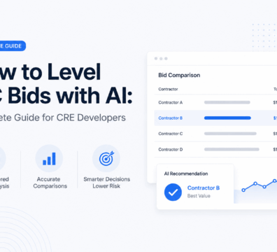 Feature image for a CRE technology guide showing AI-powered general contractor bid leveling. The design includes a clean bid comparison dashboard, contractor pricing analysis, AI recommendation panel, and performance chart on a light background with blue accents, illustrating data-driven bid evaluation for commercial real estate developers.