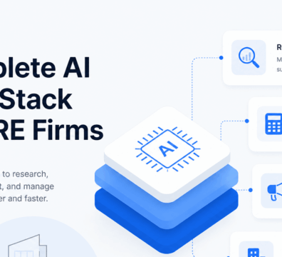 Minimalist AI tech stack illustration for CRE firms showing research, underwriting, marketing, and property management workflows