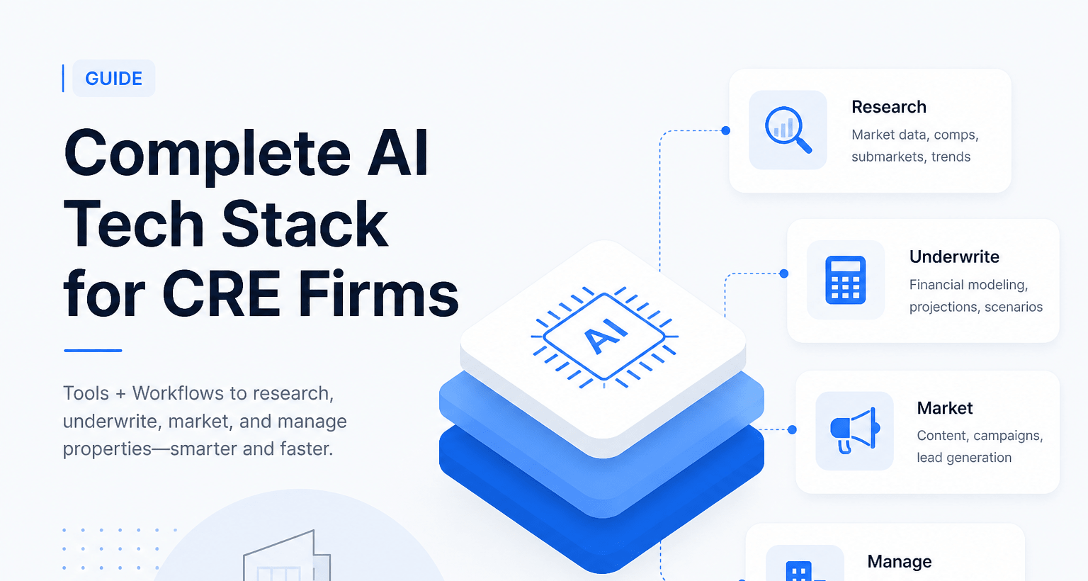 Minimalist AI tech stack illustration for CRE firms showing research, underwriting, marketing, and property management workflows