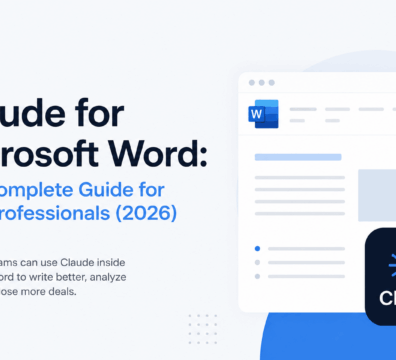 Minimalist illustration showing Claude AI integrated with Microsoft Word for CRE professionals, featuring a clean white interface, blue accents, and modern SaaS-style design elements.