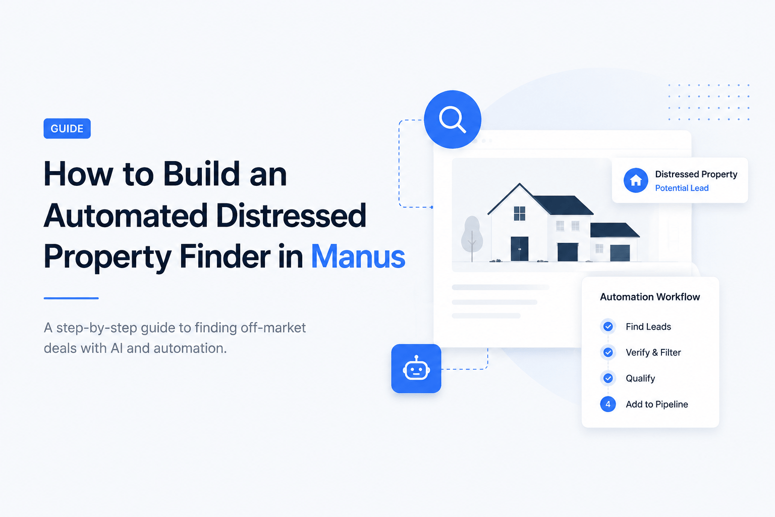 Modern SaaS-style illustration of an automated distressed property finder in Manus, featuring a property dashboard, lead detection workflow, AI automation icons, and clean blue-and-white interface elements on a light background.
