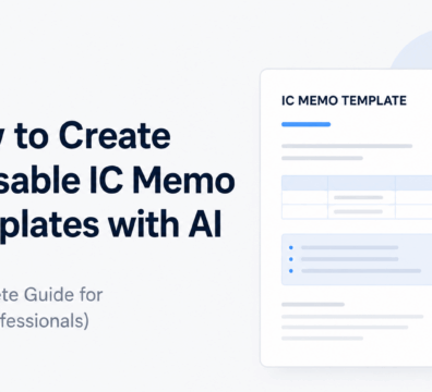 Minimalist feature image for a CRE AI blog showing a reusable IC memo template interface with clean blue and navy SaaS-style design elements on a light background.