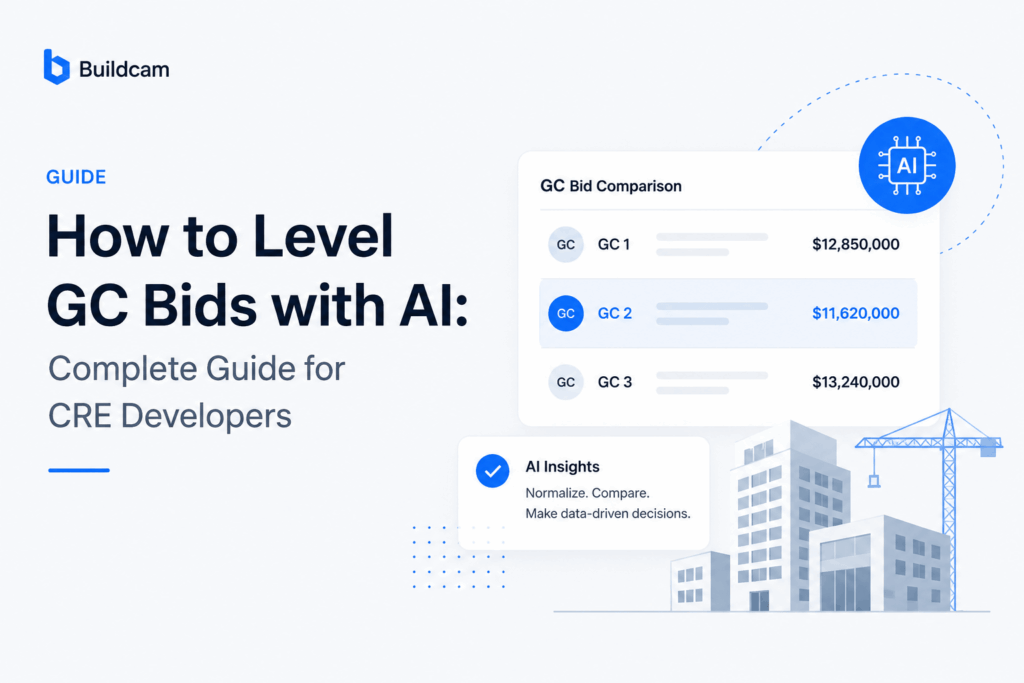 Minimalist feature graphic showing AI-powered GC bid comparison dashboard for CRE developers with construction buildings, pricing comparisons, and blue SaaS-style interface elements.