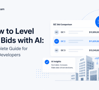 Minimalist feature graphic showing AI-powered GC bid comparison dashboard for CRE developers with construction buildings, pricing comparisons, and blue SaaS-style interface elements.