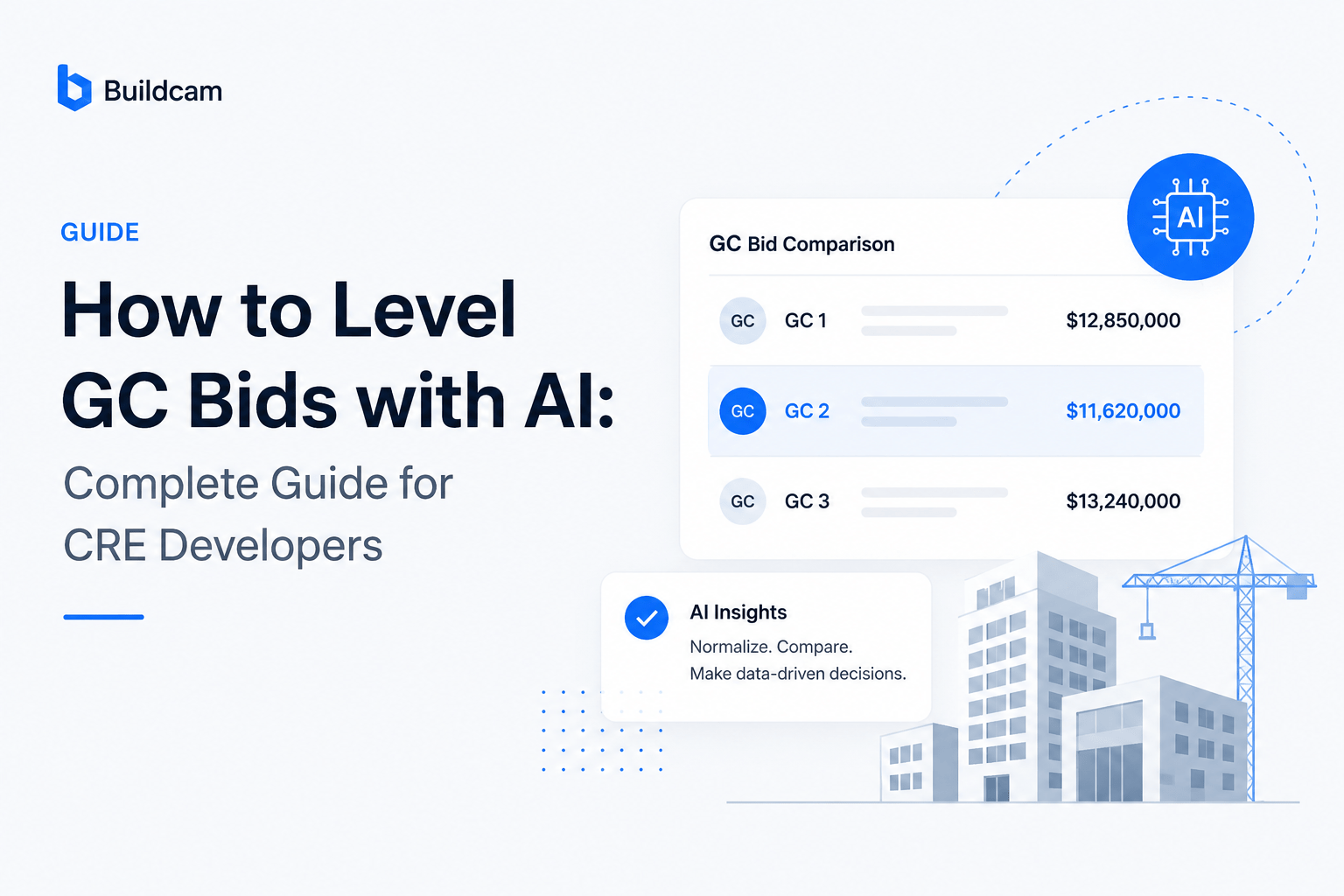 Minimalist feature graphic showing AI-powered GC bid comparison dashboard for CRE developers with construction buildings, pricing comparisons, and blue SaaS-style interface elements.
