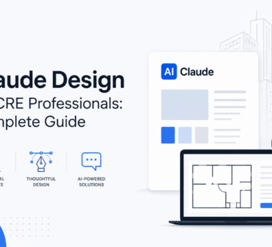 Minimalist feature image showing Claude Design for commercial real estate professionals, with AI-powered design interface, building icons, architectural floor plans, and modern SaaS-style UI elements on a light background.