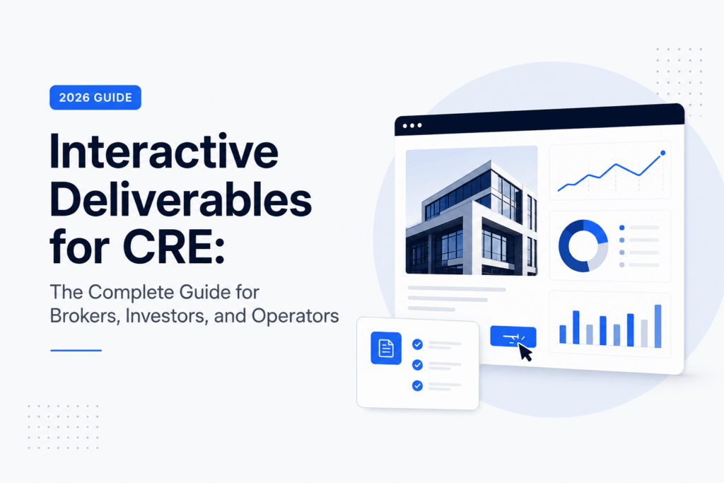 Modern commercial real estate dashboard displaying interactive property deliverables, building analytics, charts, reports, and performance metrics for brokers, investors, and operators in a clean SaaS-style interface.