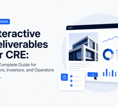 Modern commercial real estate dashboard displaying interactive property deliverables, building analytics, charts, reports, and performance metrics for brokers, investors, and operators in a clean SaaS-style interface.