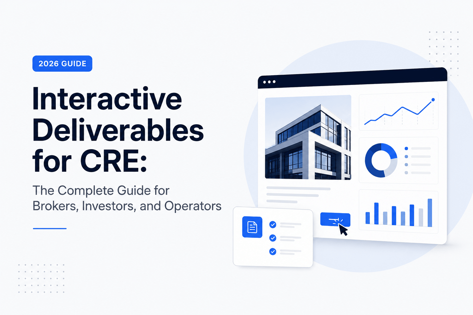 Modern commercial real estate dashboard displaying interactive property deliverables, building analytics, charts, reports, and performance metrics for brokers, investors, and operators in a clean SaaS-style interface.