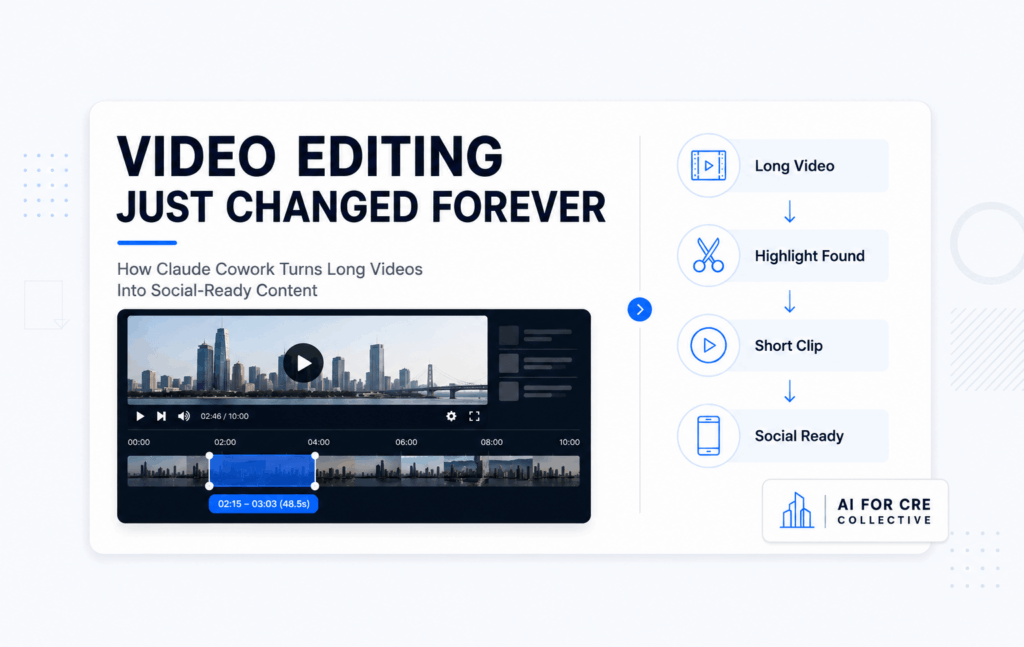 Professional infographic illustrating how Claude Cowork converts long-form video content into short-form social media clips through automated editing and highlight detection.