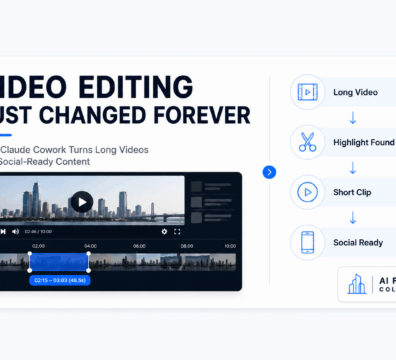 Professional infographic illustrating how Claude Cowork converts long-form video content into short-form social media clips through automated editing and highlight detection.