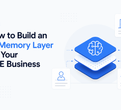 Modern SaaS-style feature image with a layered AI memory stack connected to commercial real estate profiles, property records, and business relationships on a light background with blue accents.